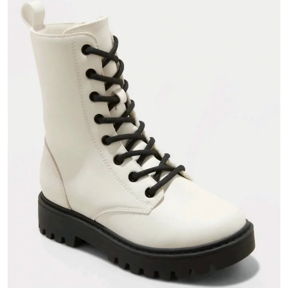 Art Class Girls White Combat Boots Lug Sole Lace Up Side Zip Size 1 NEW